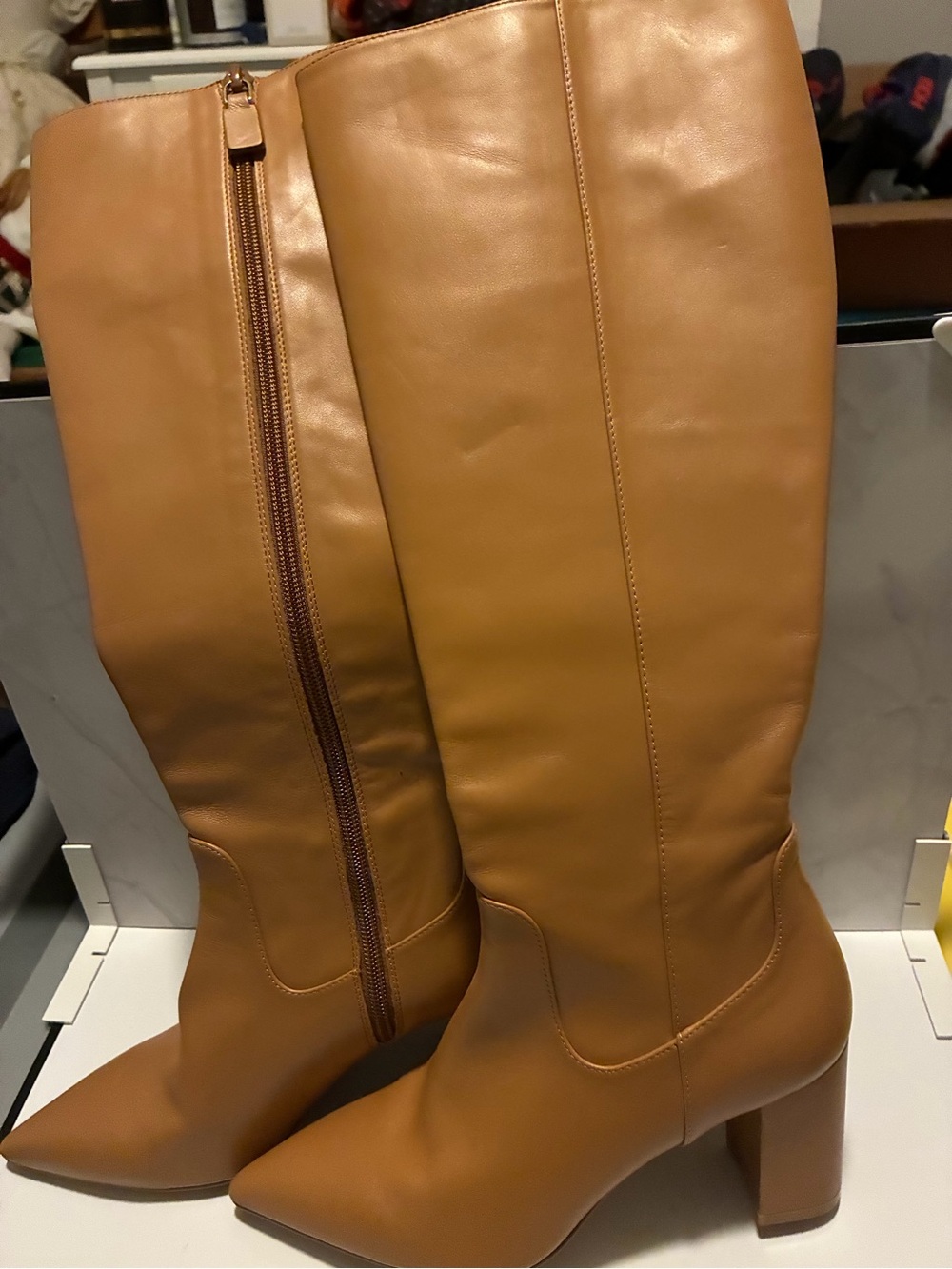 Stuart Weitzman Cognac Knee-High Pointed-Toe Block Heel Boots originally $795!!!
